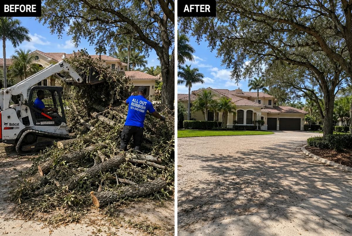 All Out Rubbish loading cut tree limbs and brush from a driveway with a compact track loader, before and after