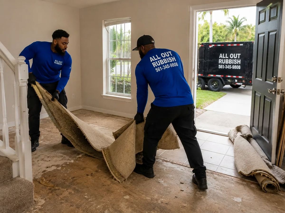 All Out Rubbish crew removing old carpet and padding from a home interior