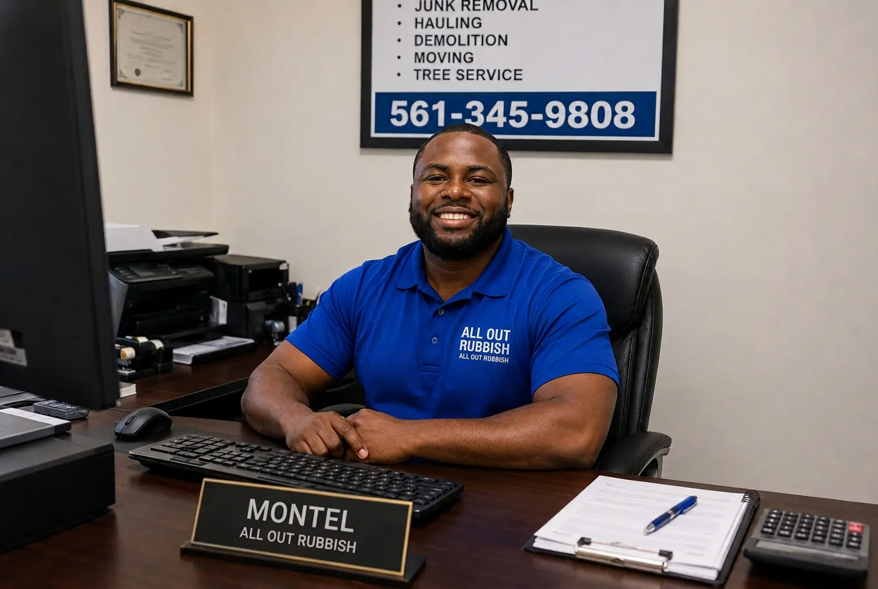 Montel Burton, owner of All Out Rubbish, wearing a branded company shirt