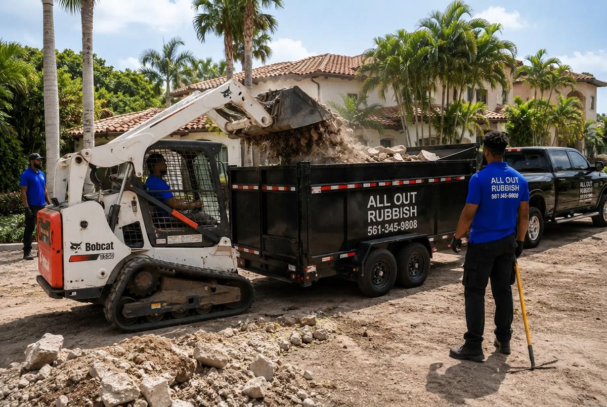 All Out Rubbish Bobcat loading broken concrete and dirt into a dump trailer on a job site