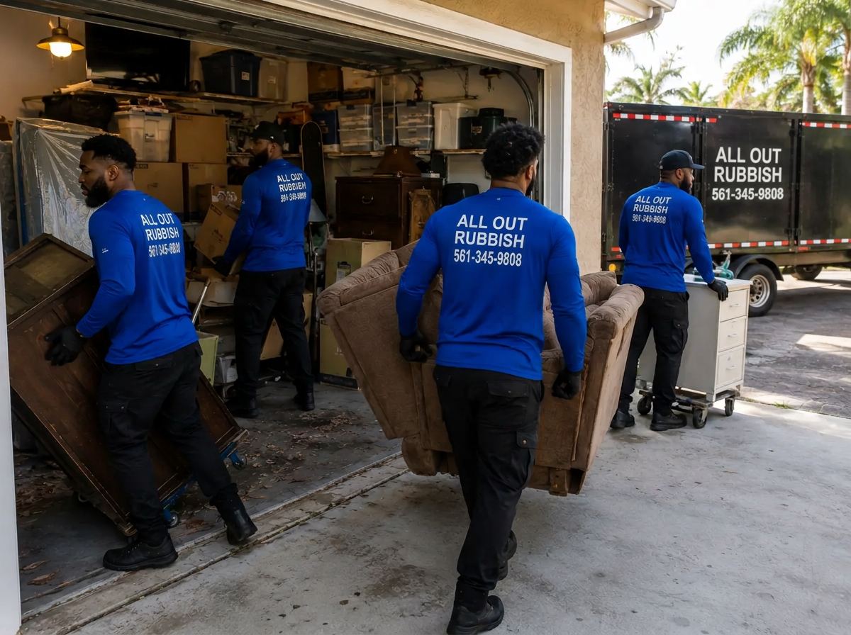 All Out Rubbish crew carrying a sofa and dresser from a garage to the truck