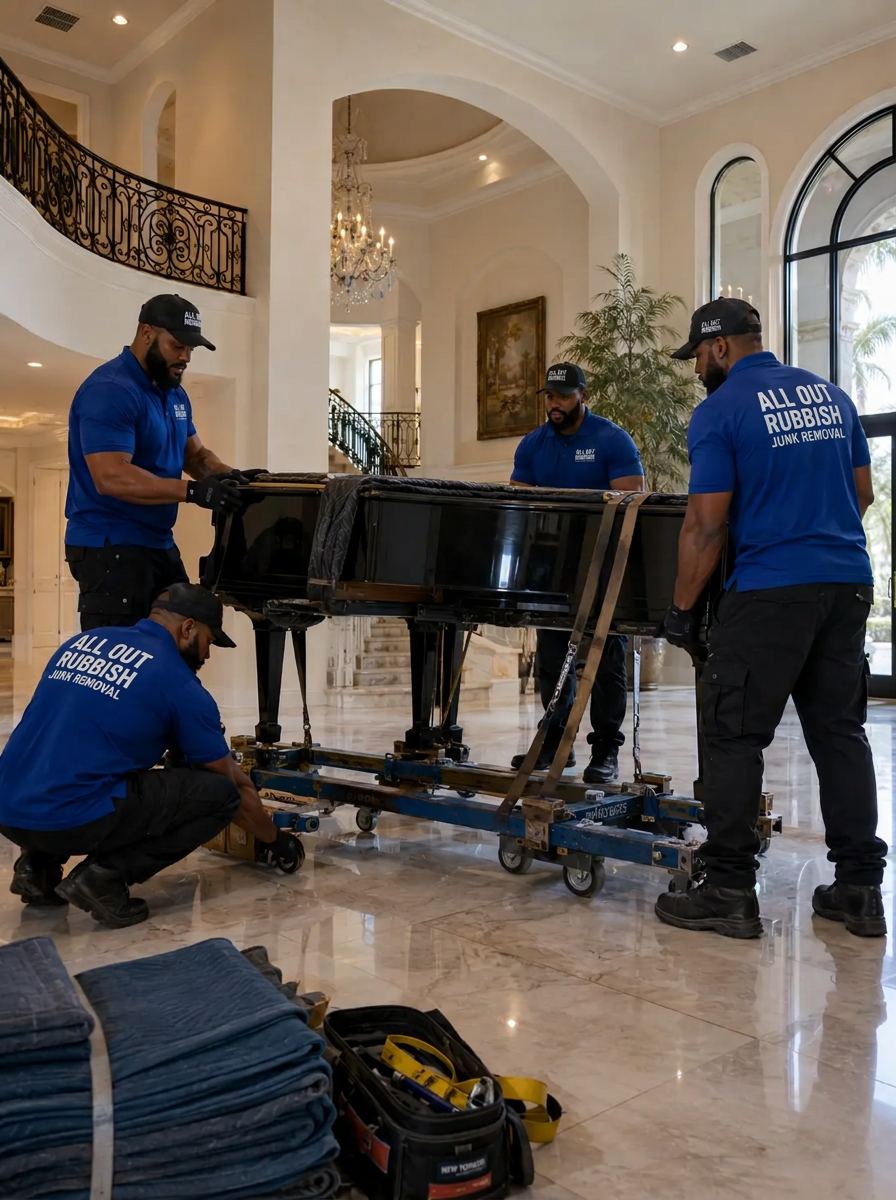 All Out Rubbish crew moving a grand piano on a specialty dolly inside a home