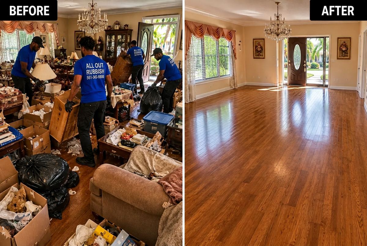 All Out Rubbish crew clearing a packed living room during an estate cleanout, before and after