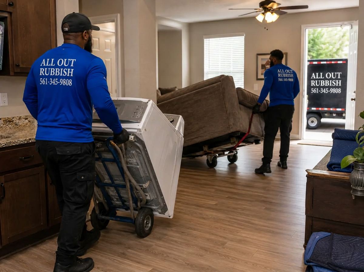 All Out Rubbish crew moving a washer on a hand truck and a sofa out of a home