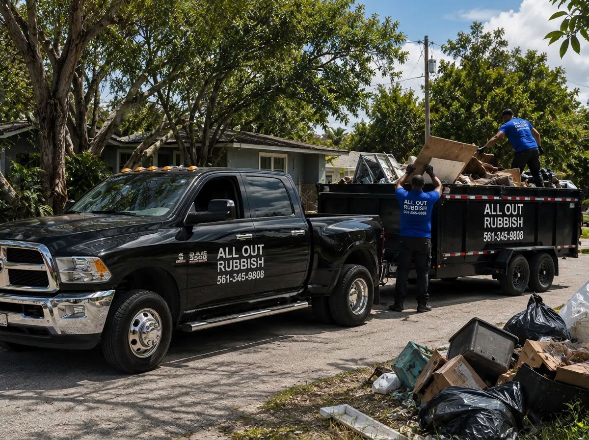 All Out Rubbish truck and trailer being loaded with curbside junk at a home