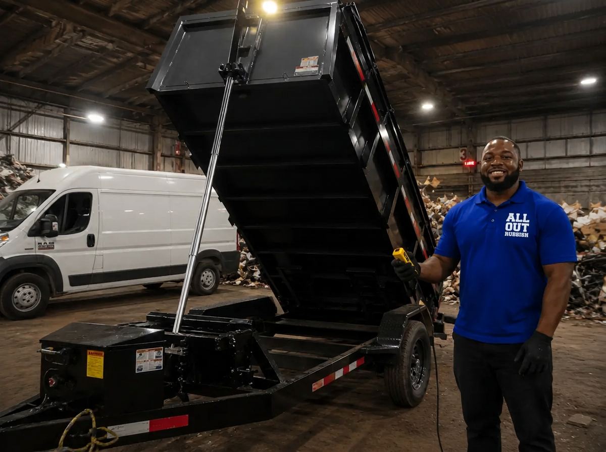 All Out Rubbish crew member operating the hydraulic dump trailer at a disposal facility