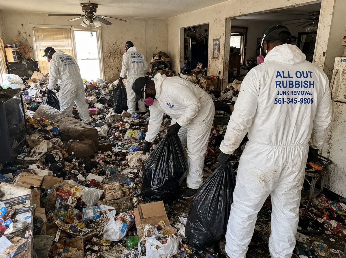 All Out Rubbish crew in protective suits bagging contents during a heavy hoarding cleanout