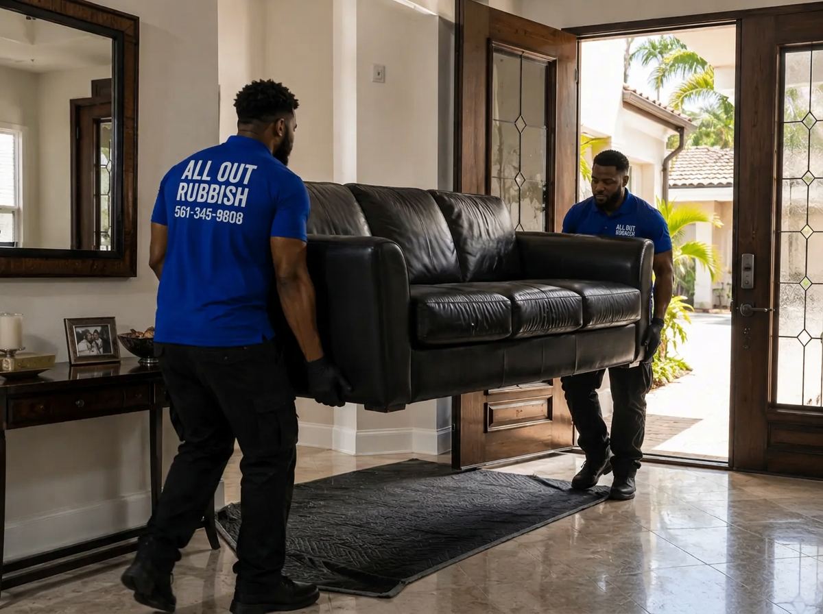 All Out Rubbish crew carrying a leather sofa out through the front door of a home
