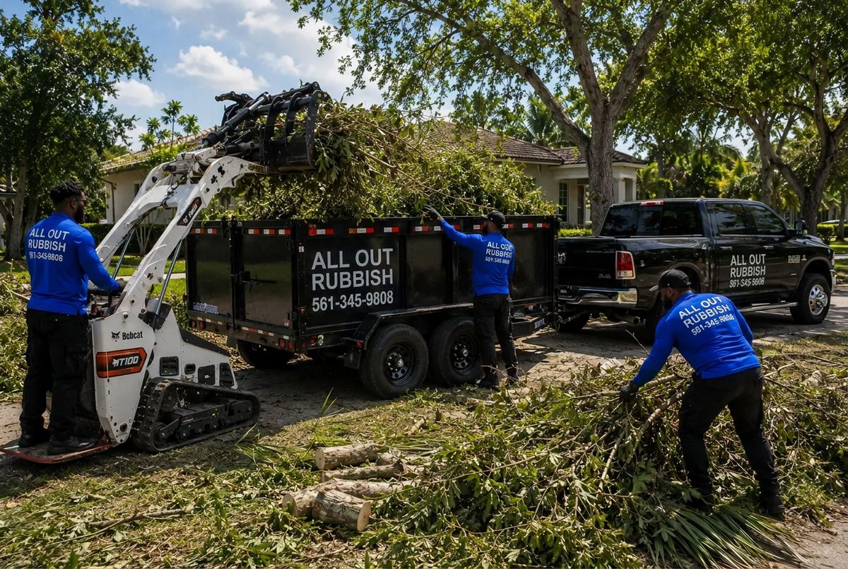 All Out Rubbish operator loading tree debris into a dump trailer with a Bobcat skid steer