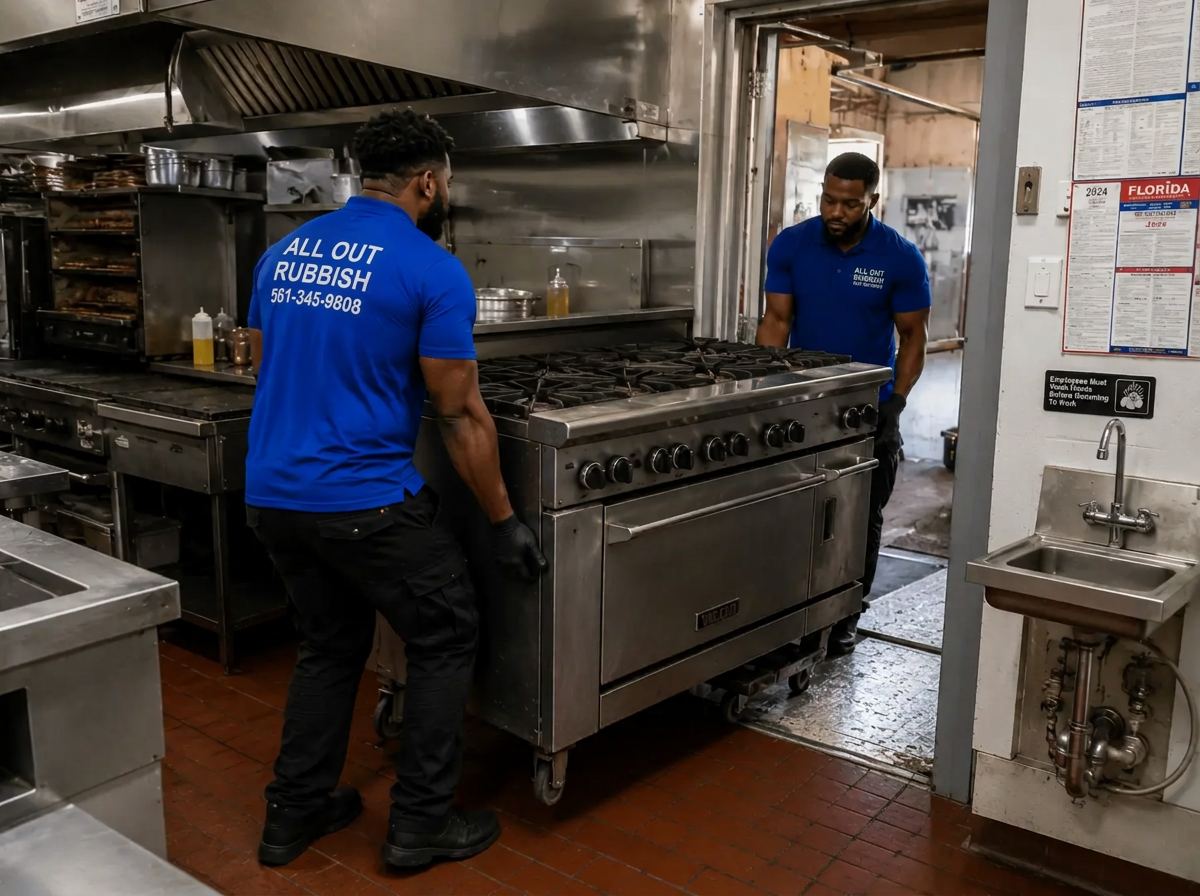 All Out Rubbish crew wheeling a commercial range out of a restaurant kitchen