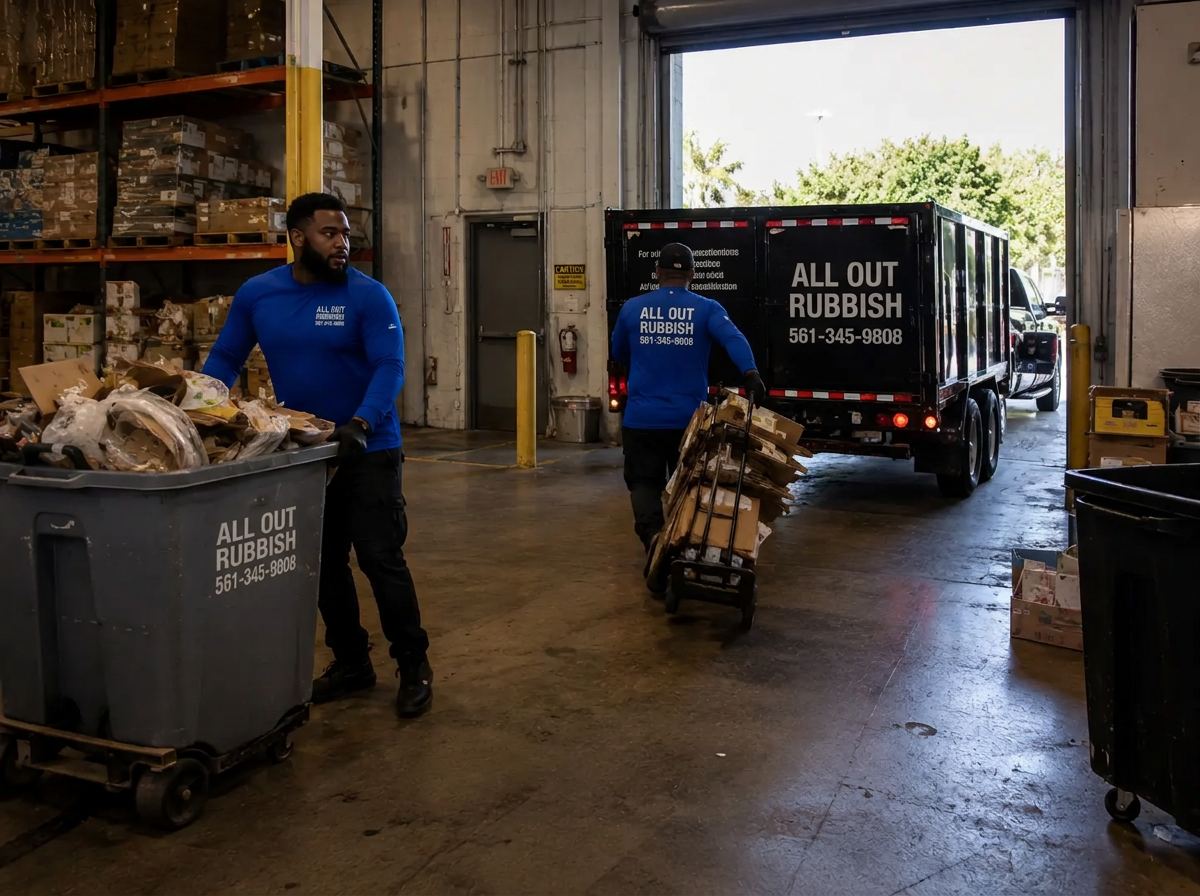 All Out Rubbish crew clearing carts, boxes, and loose debris from a warehouse