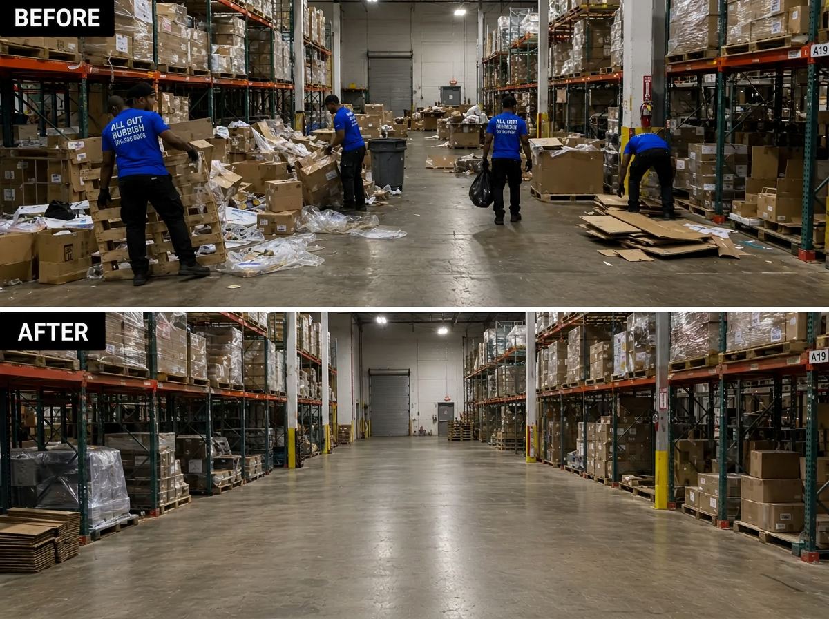 All Out Rubbish crew clearing damaged boxes and pallet debris from a warehouse aisle, before and after