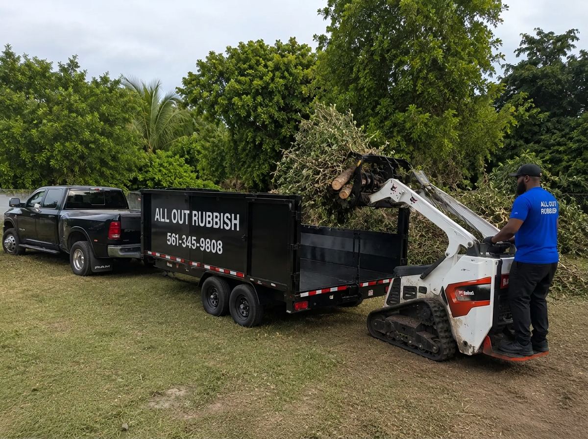 All Out Rubbish operator loading brush and logs into a dump trailer with a Bobcat grapple