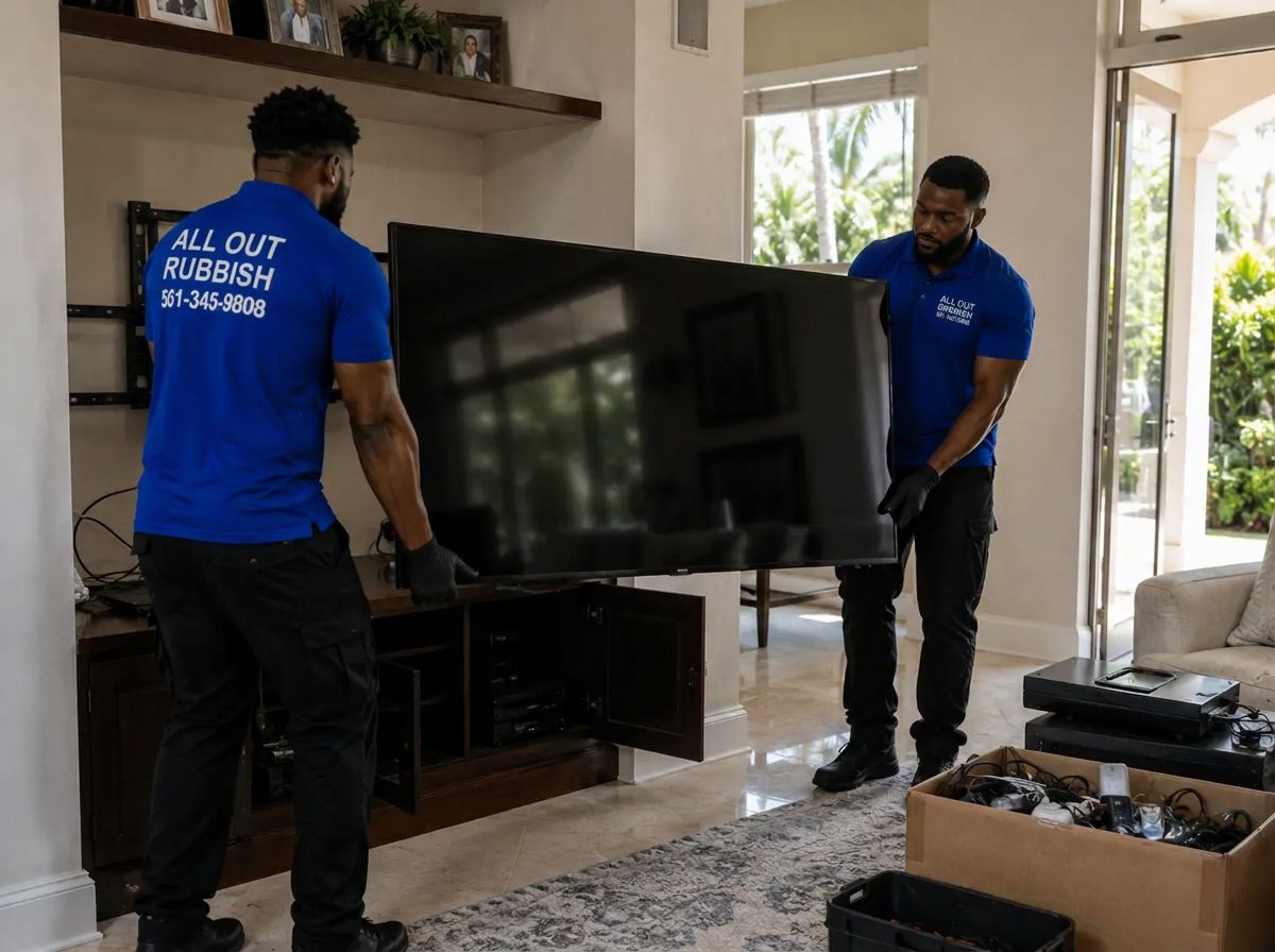 All Out Rubbish crew carrying a large flat-screen TV and electronics out of a home