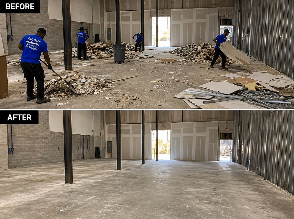 All Out Rubbish crew clearing drywall and construction debris from a commercial unit, before and after