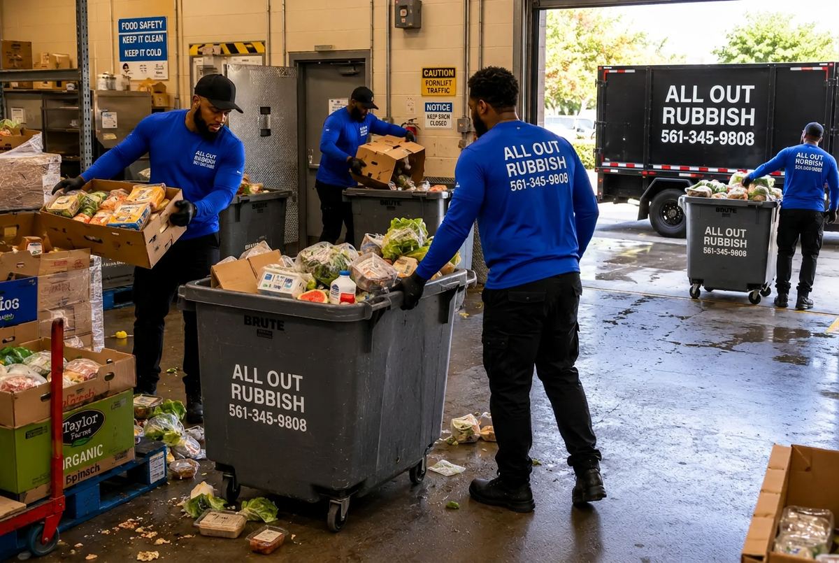 All Out Rubbish crew loading commercial waste bins into a box truck at a loading dock