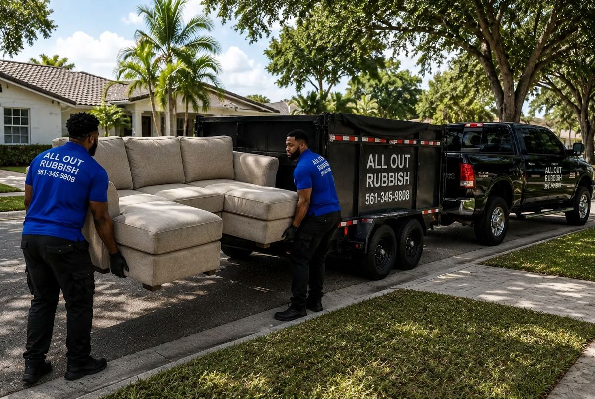 All Out Rubbish crew loading a sofa and household junk at a residential curb
