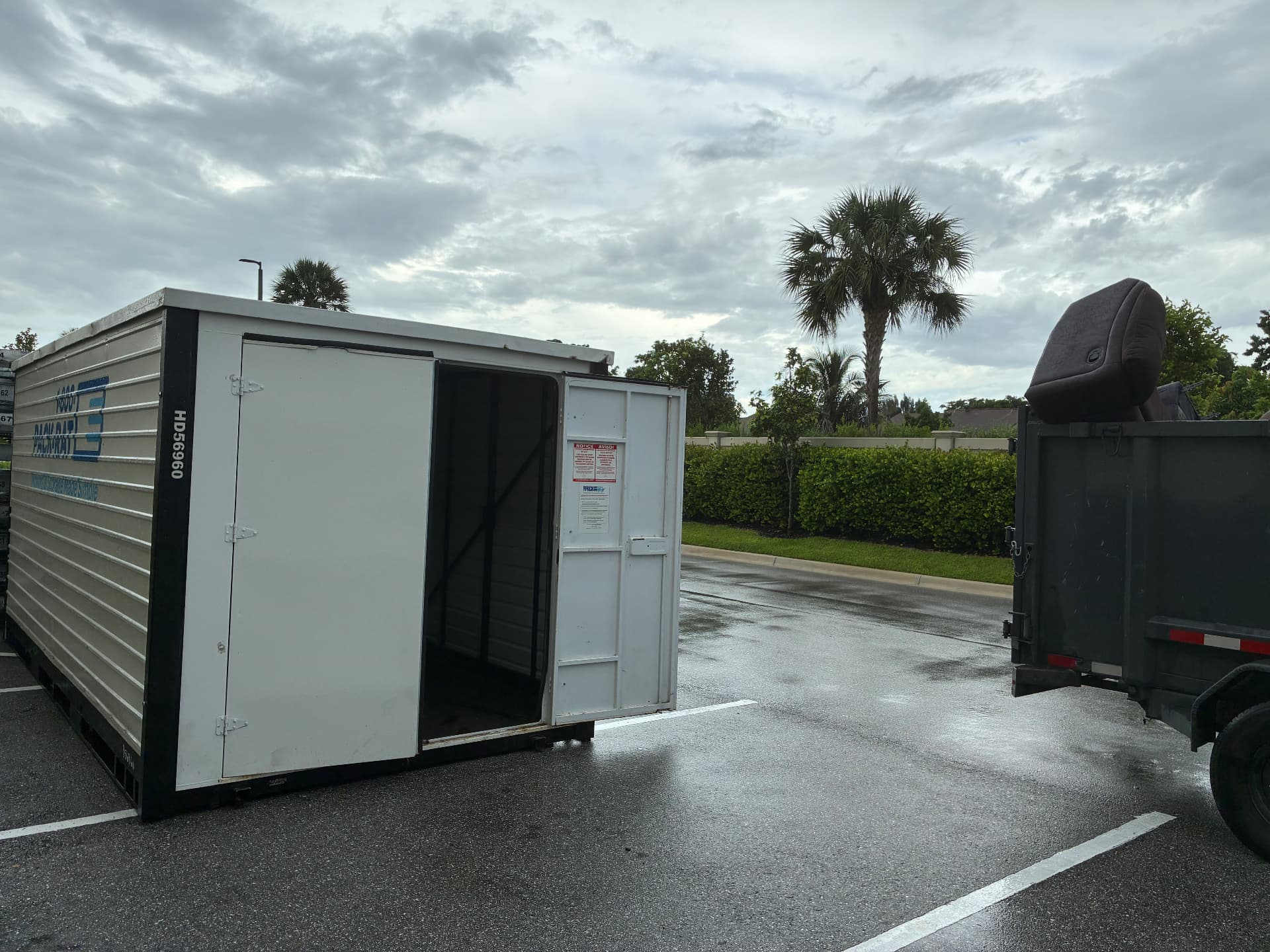 Before and after: loaded dump trailer and 1-800-PACK-RAT storage container, then emptied by All Out Rubbish (after)