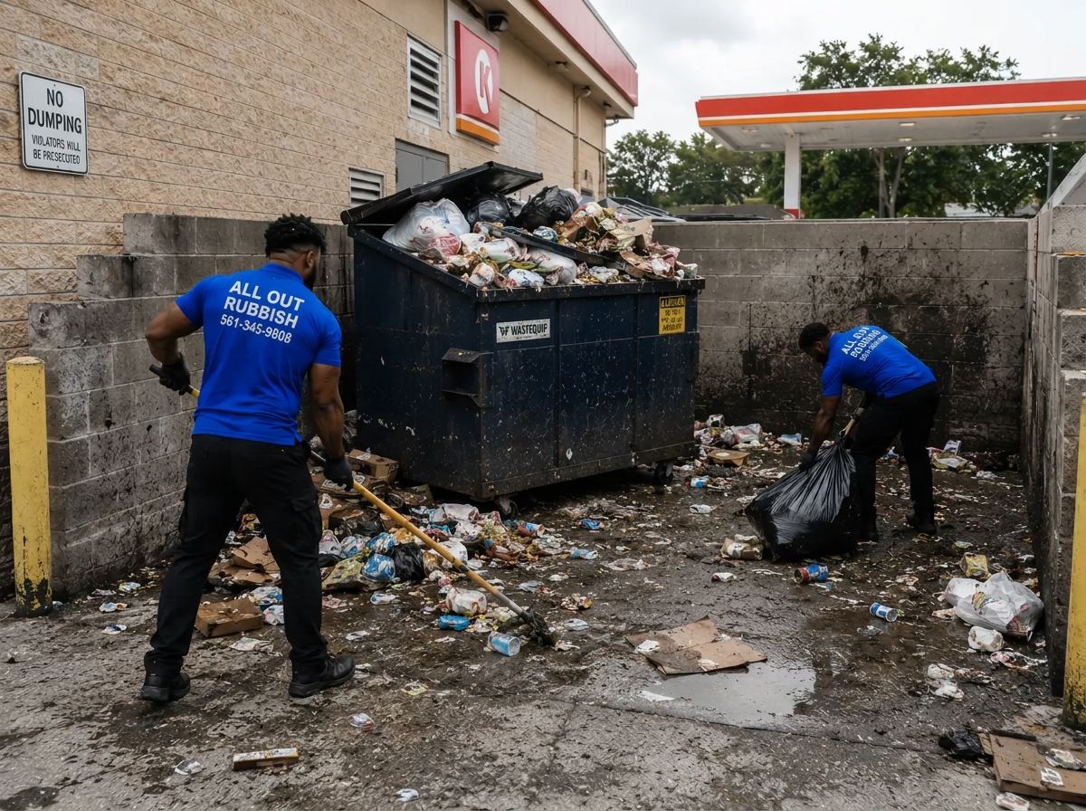 All Out Rubbish crew cleaning up overflow and loose trash around a commercial dumpster enclosure