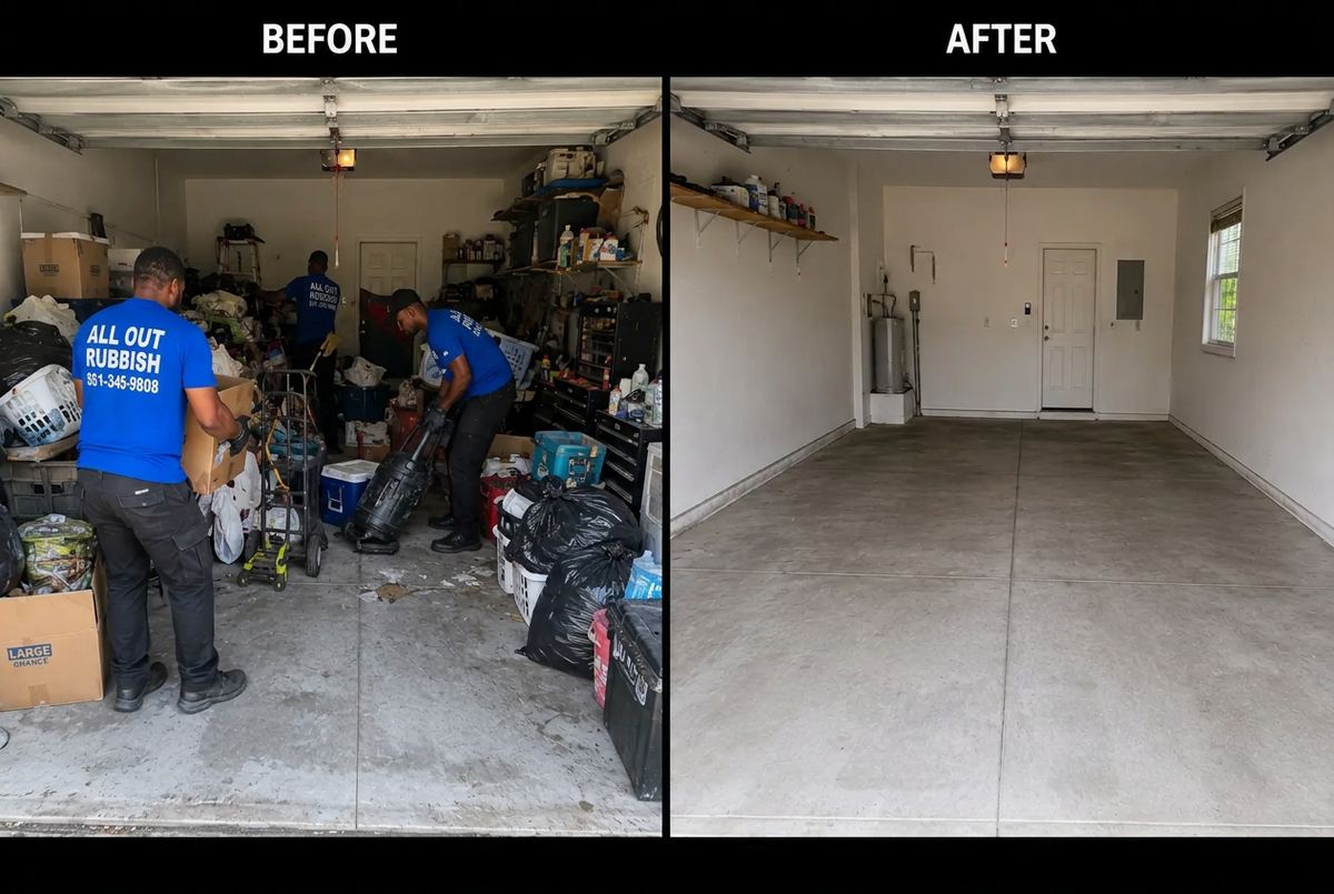 All Out Rubbish crew emptying a packed two-car garage, before and after