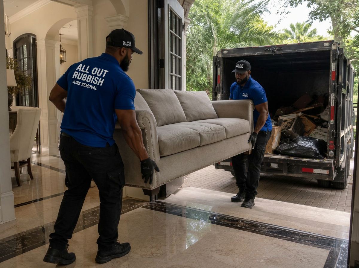 All Out Rubbish crew carrying a sofa through the marble entry of an upscale home to the truck