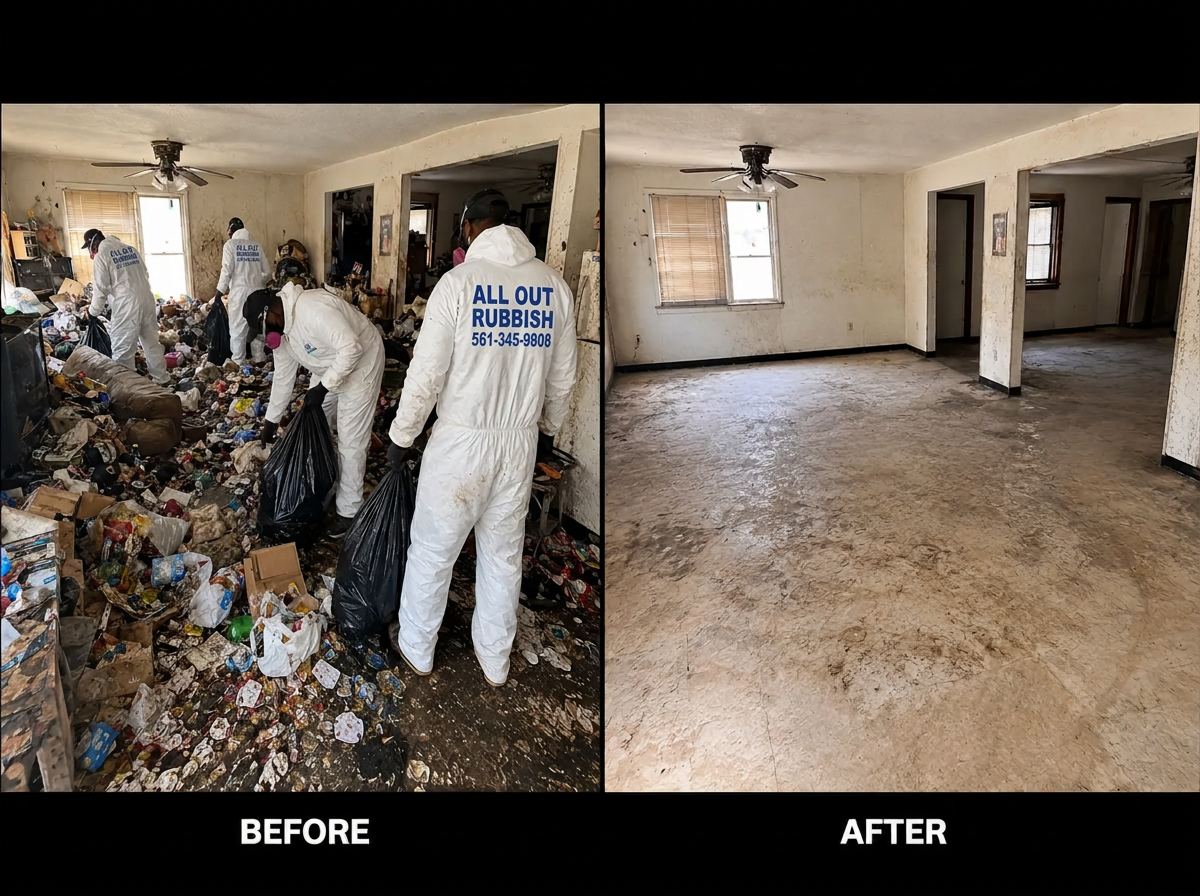 All Out Rubbish crew in protective suits clearing a heavily cluttered home, before and after