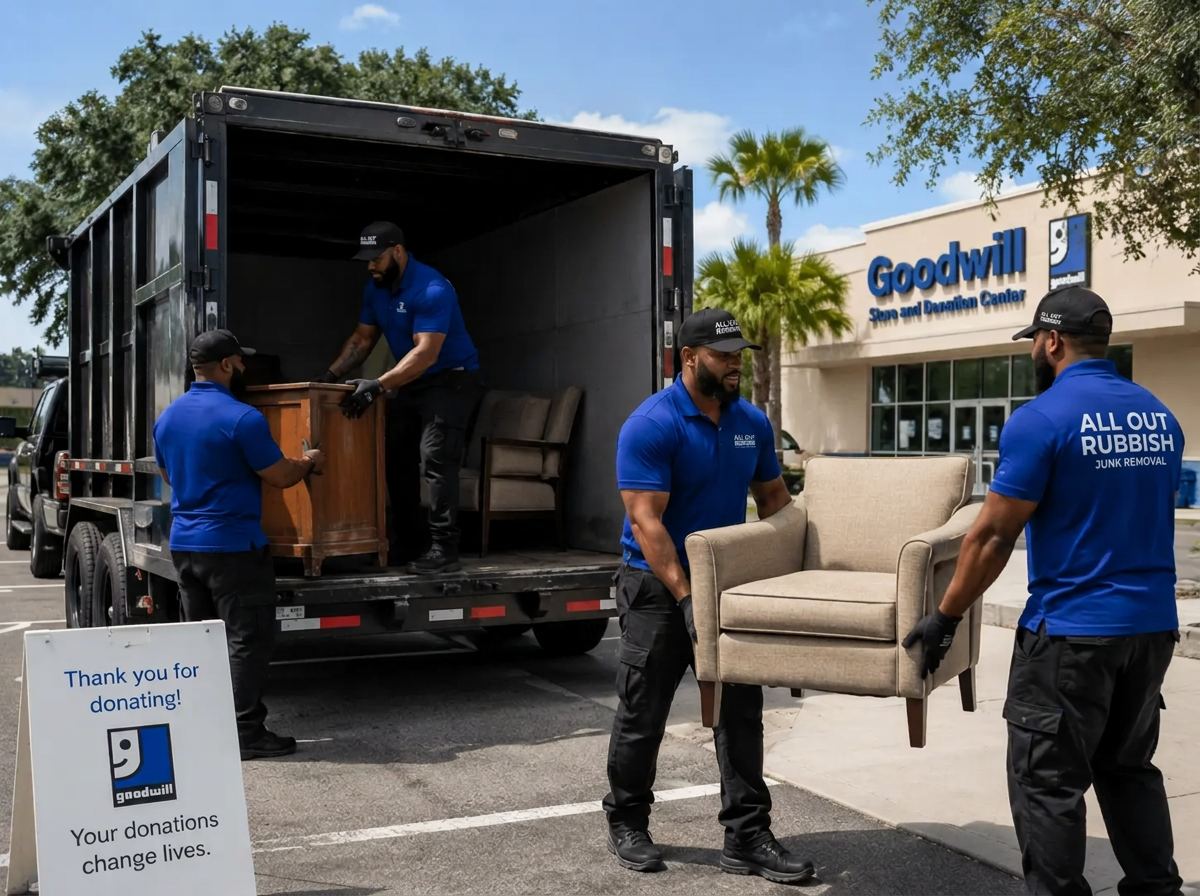 All Out Rubbish crew unloading donatable furniture at a Goodwill donation center