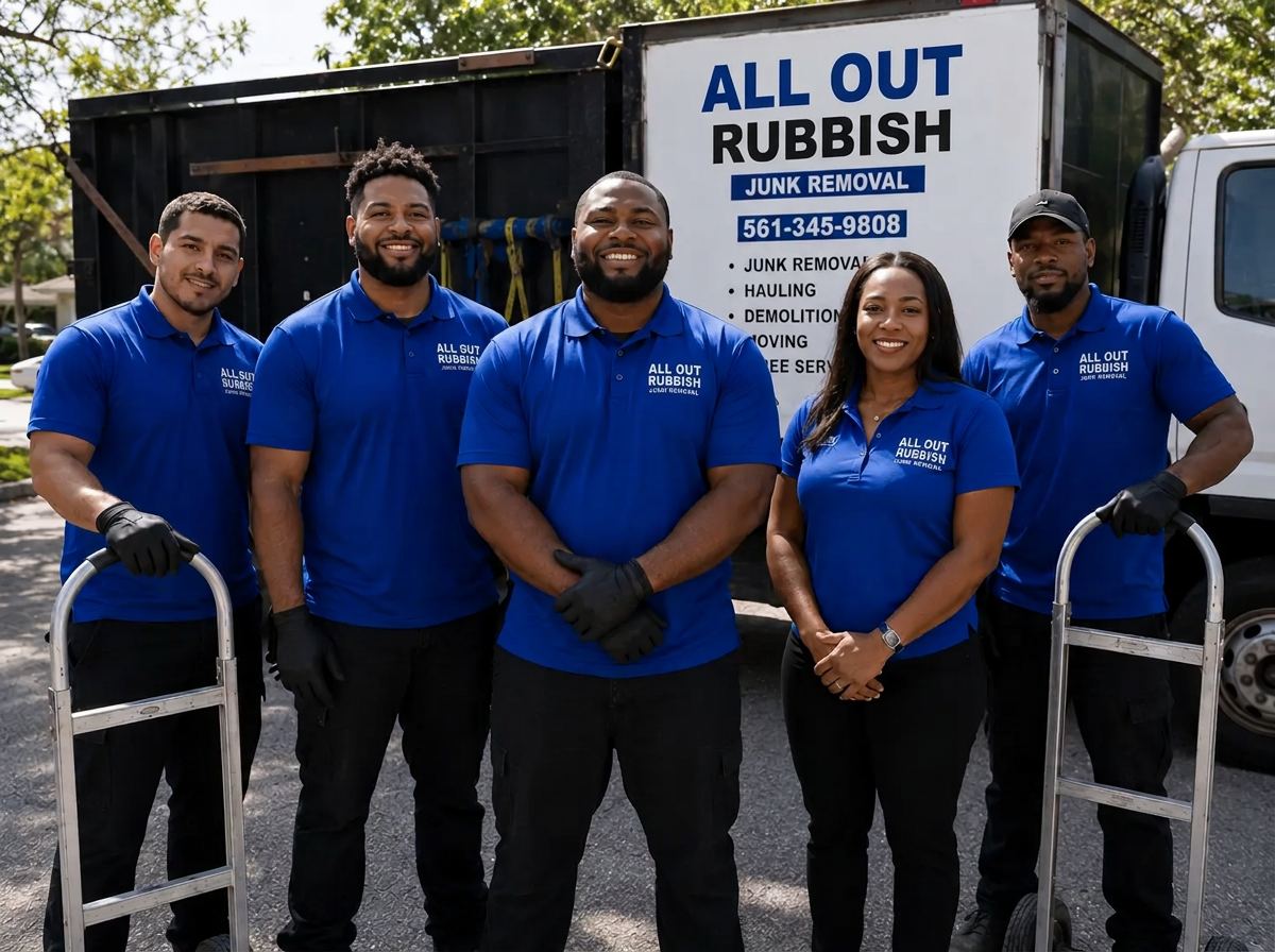 The All Out Rubbish team standing in front of the branded box truck
