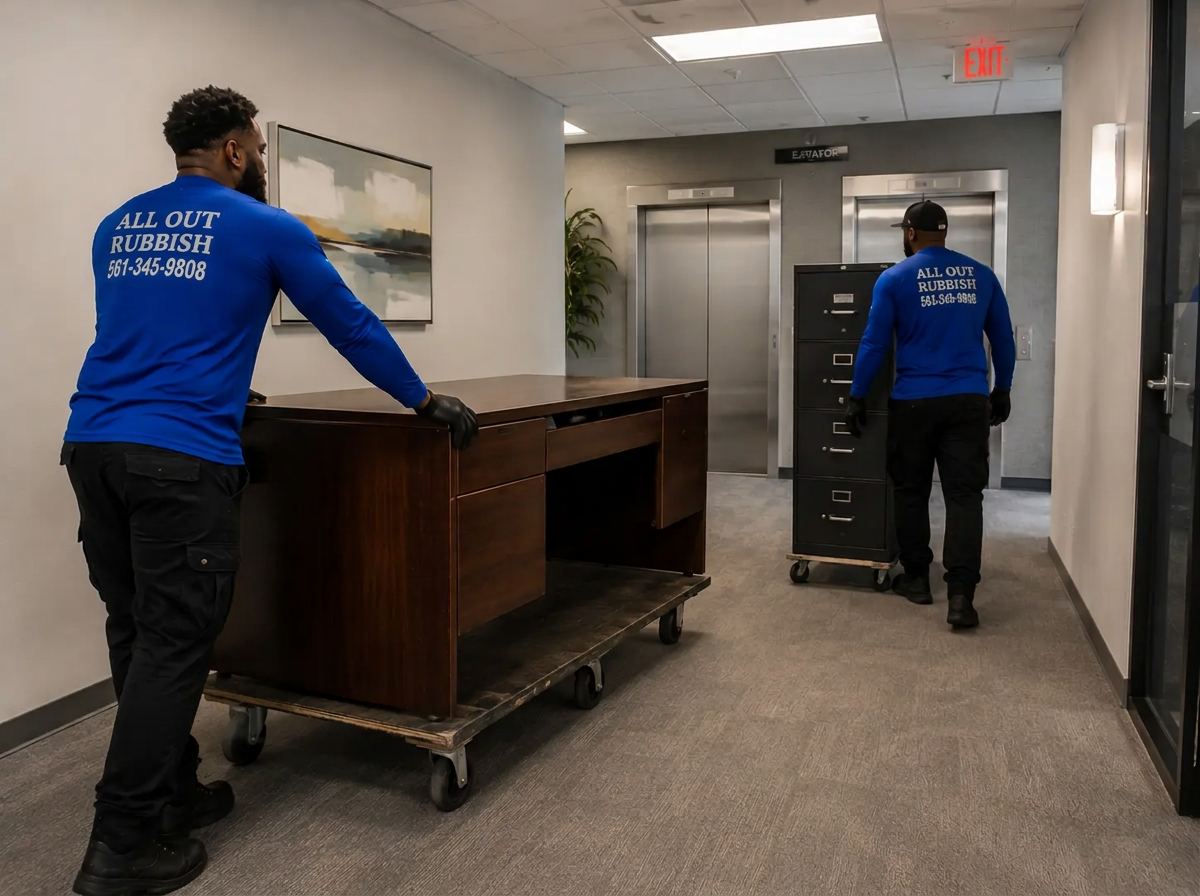 All Out Rubbish crew rolling an office desk and filing cabinet out through a building hallway