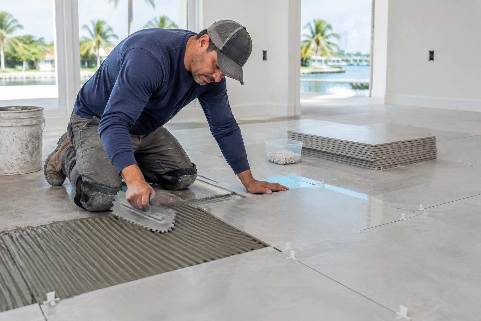 Tile installer laying large-format porcelain floor tile in a South Florida home