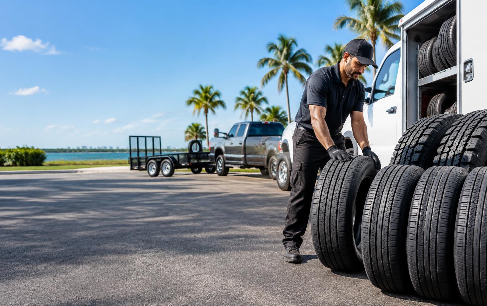 Mobile tire installer unloading passenger and truck tires beside a service vehicle